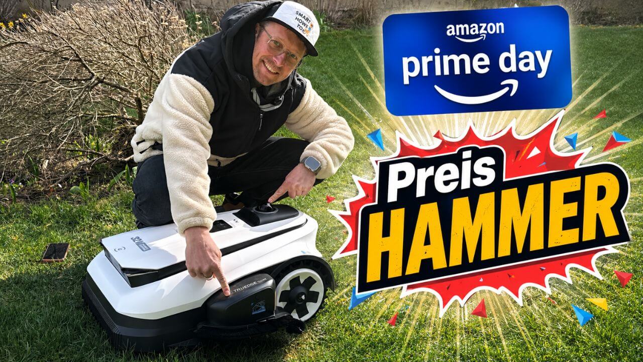 ECOVACS GOAT A1600 LiDAR PRO Mähroboter auf einem gepflegten Rasen mit TruEdge-Trimmer stark reduziert im Amazon Prime Day Angebot